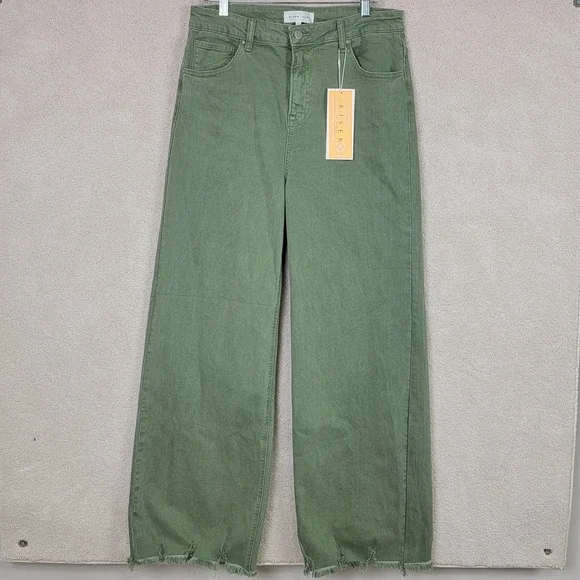 RISEN NEW Women's 1XL Olive High Rise Wide Leg Distressed Raw Hem Denim Jeans - Picture 2 of 12